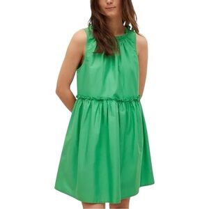 MANGO Women's Gathered Details Babydoll Cotton Dress Green lined Sz 10